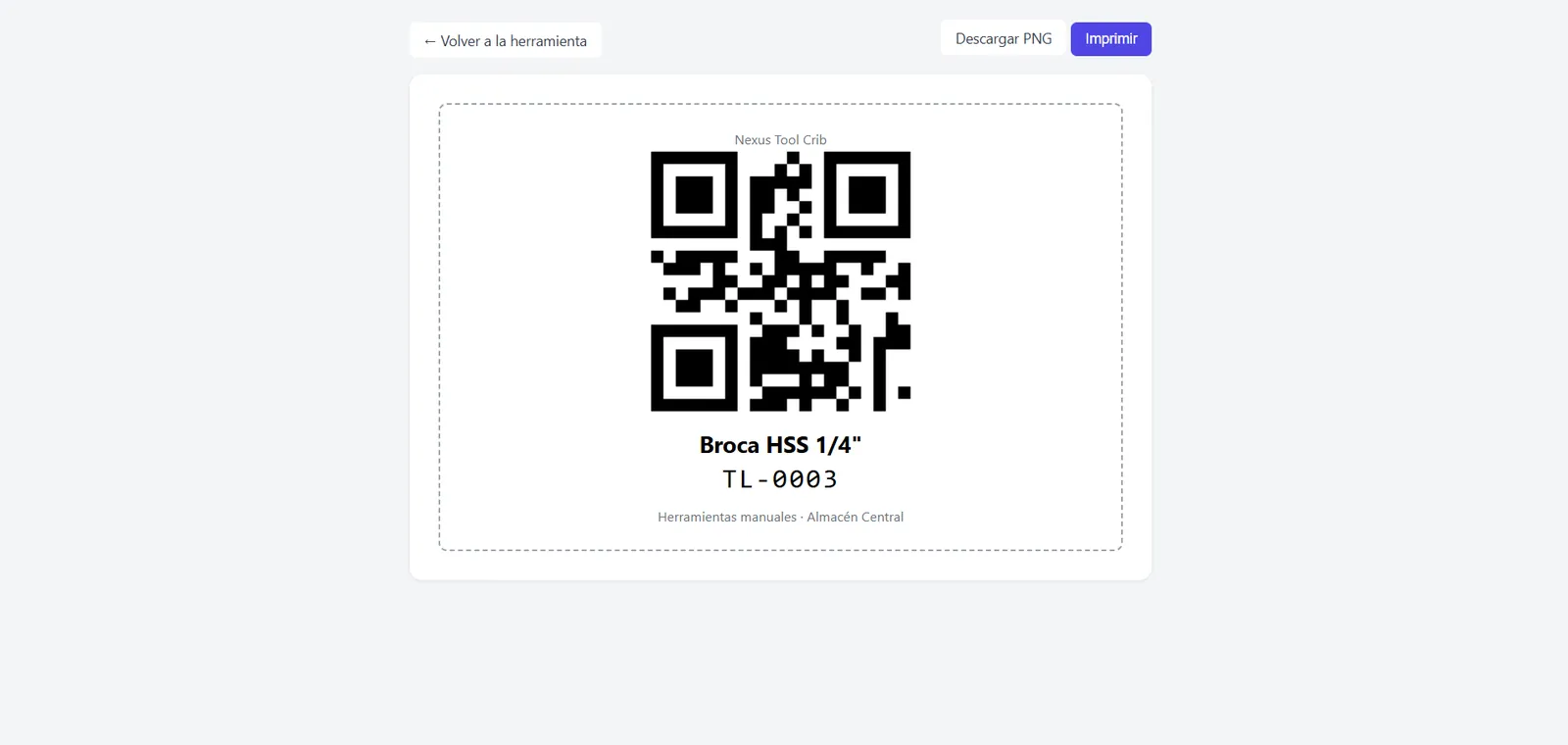 Pantalla de préstamo de herramienta con código QR